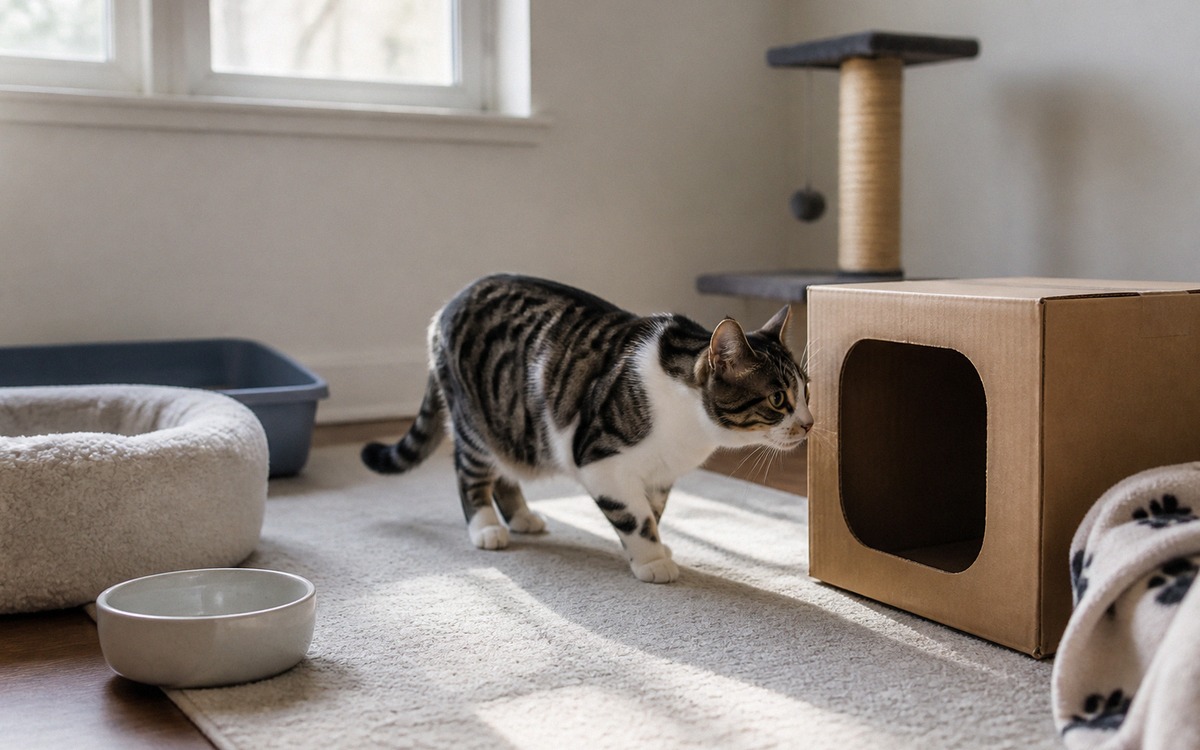 A newly adopted cat exploring a prepared quiet room with a litter box, water bowl, cozy bed, scratch