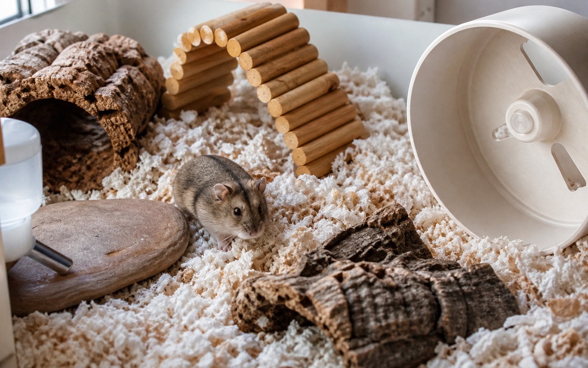 Photorealistic hamster habitat with deep paper bedding, cork bark, safe wooden bridge, solid running
