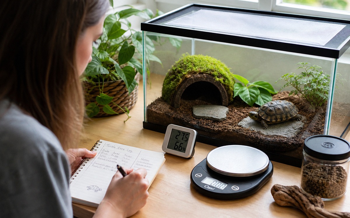 A turtle owner writing notes in a small care journal beside a terrarium, kitchen scale and thermomet