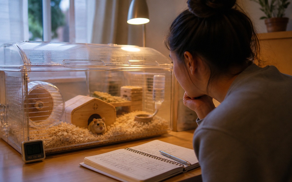 A hamster owner gently observing a hamster cage in the evening without touching the animal, small no