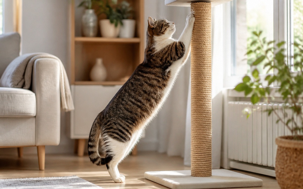 A domestic cat stretching upward and scratching a tall sisal scratching post near a sunny window, co