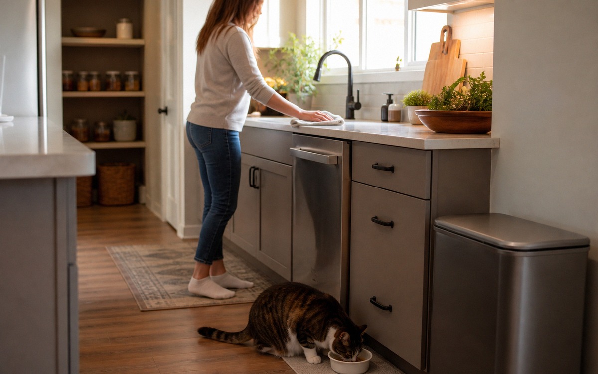 Photorealistic image of a safe cat-friendly kitchen: closed trash bin, human food stored in cabinets