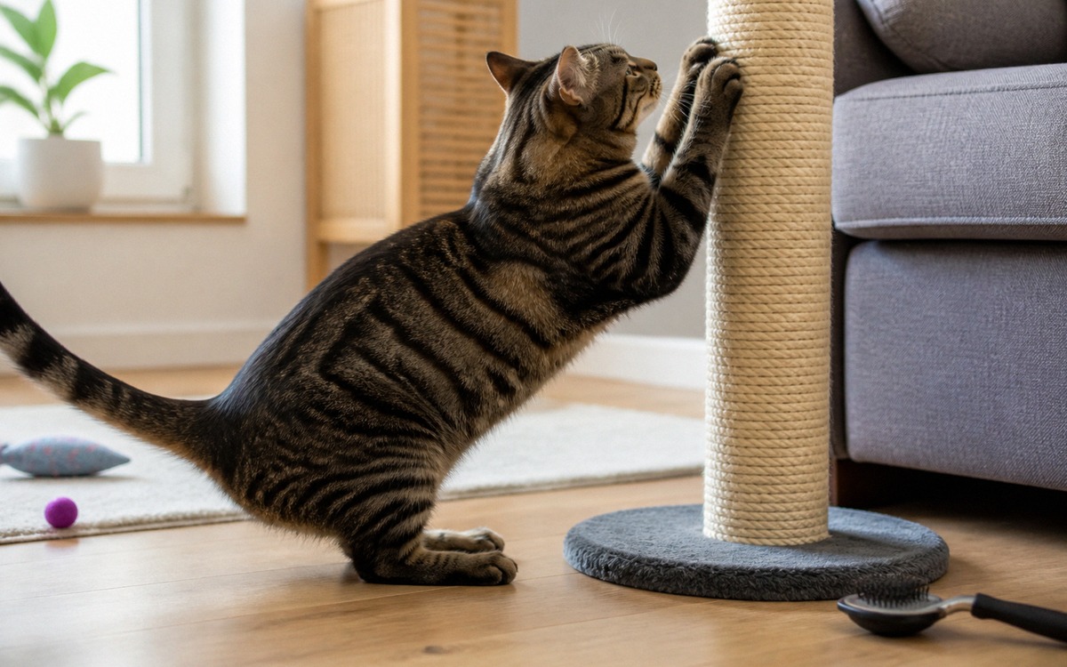 Photorealistic natural photo of a domestic cat stretching and scratching a sisal scratching post nea