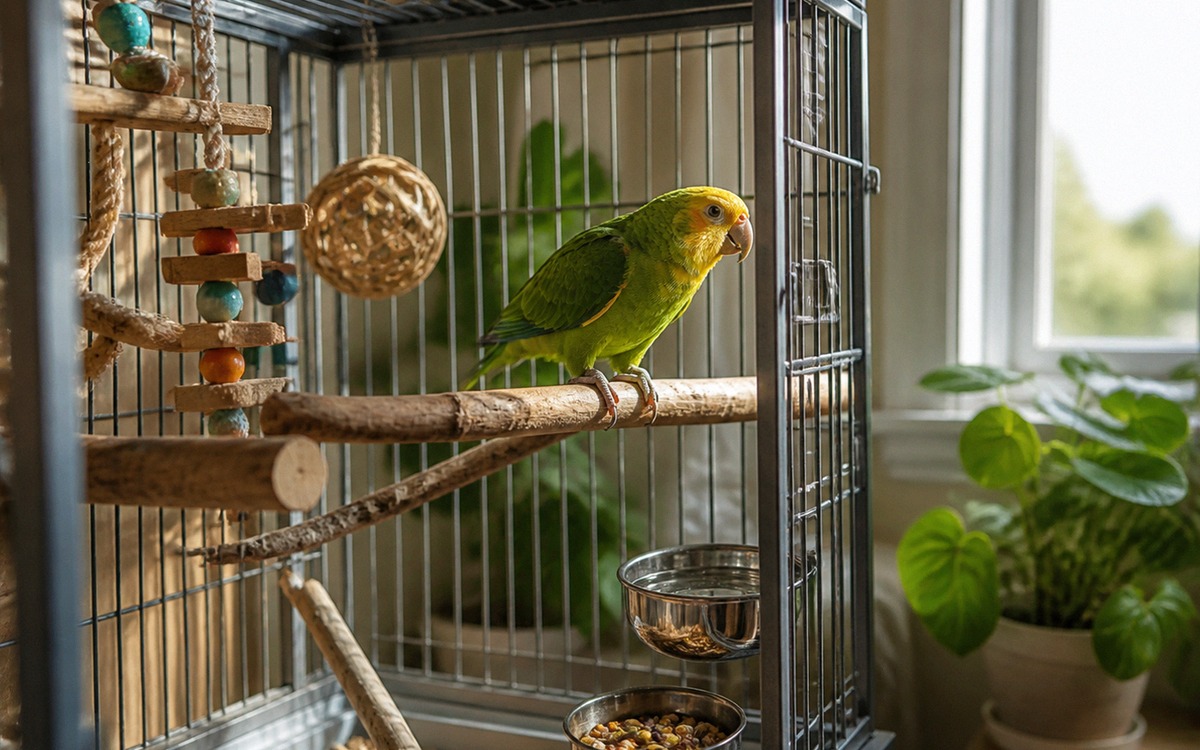 Photorealistic natural photography of a bright well arranged bird cage in a quiet room, pet parrot a