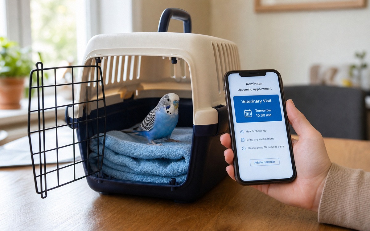 Photorealistic scene of a small pet bird carrier prepared for a veterinary visit, soft towel inside,