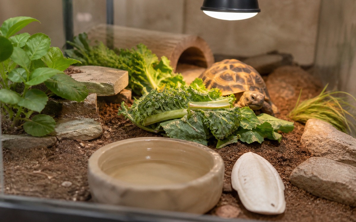 Photorealistic close-up of a tortoise terrarium setup with a shallow water dish, cuttlebone, UVB rep