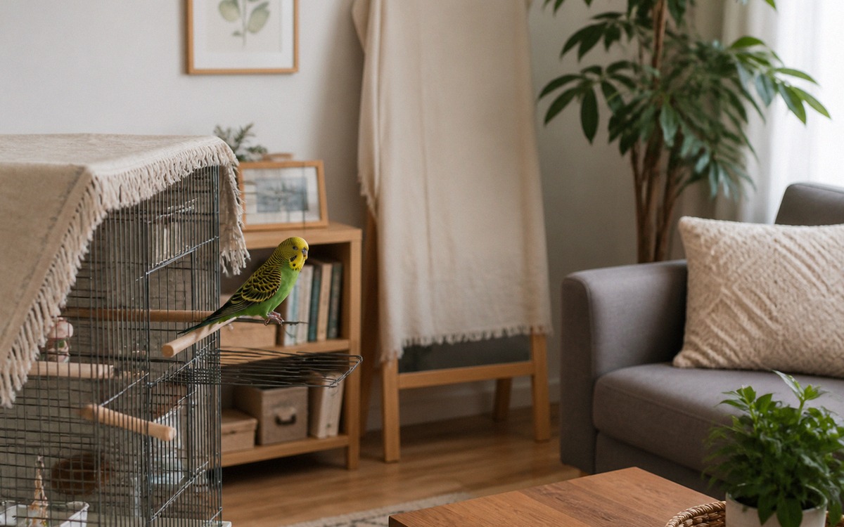 A safe apartment room prepared for a pet bird flight, closed window with light curtain, covered mirr