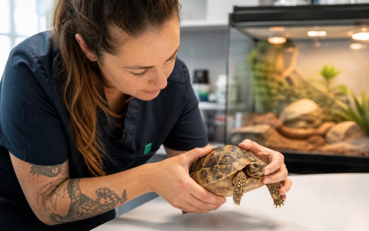 Photorealistic scene of a veterinarian or experienced reptile keeper gently examining a small tortoi