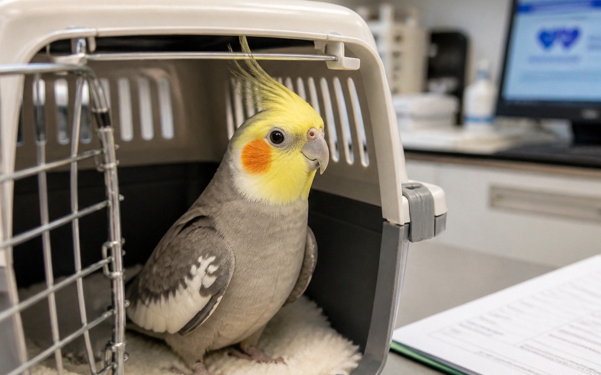 A careful close-up of a healthy cockatiel being observed calmly in a clean carrier beside a veterina