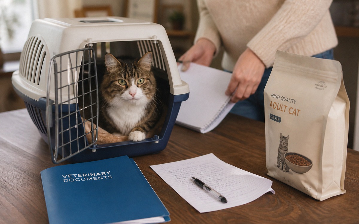 Photorealistic natural photography of a cat in a sturdy carrier beside a small folder of veterinary 