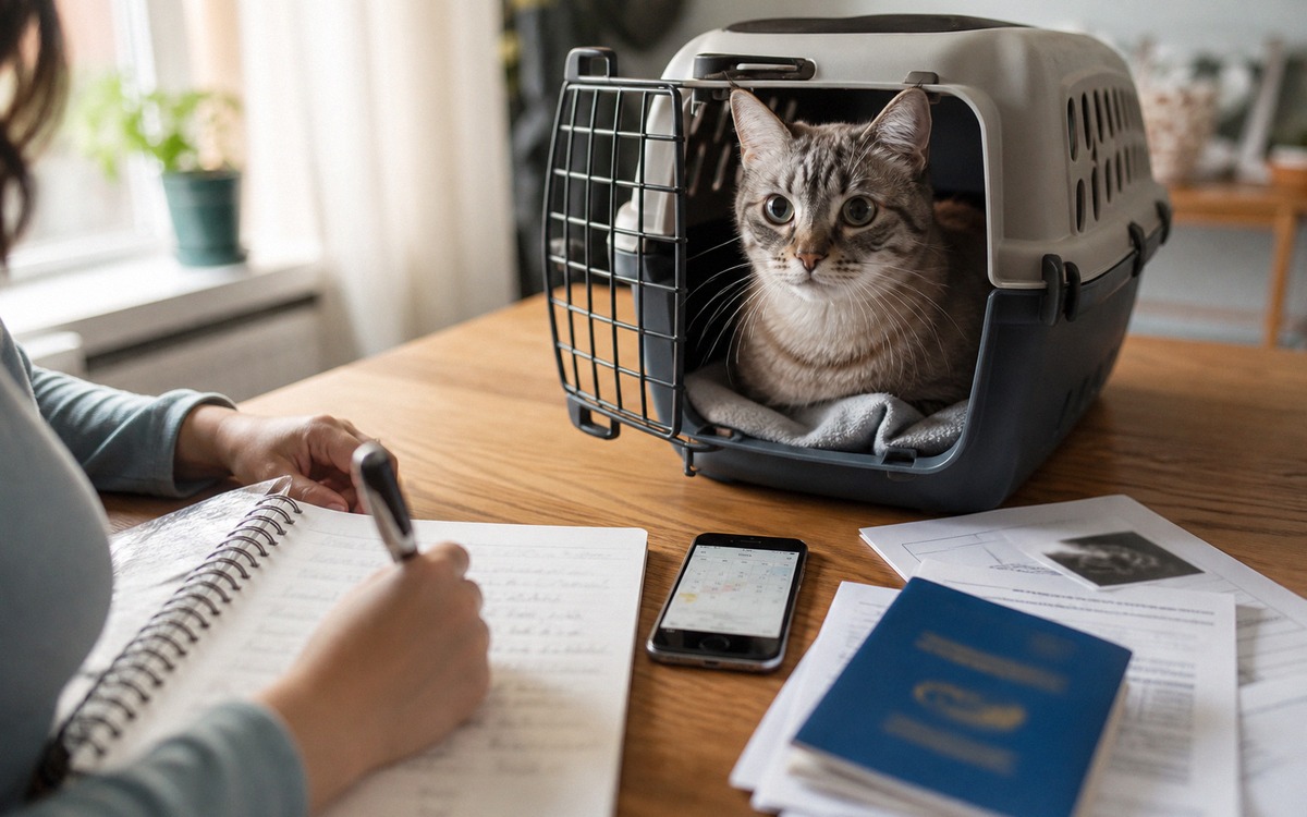 Photorealistic scene of a cat owner preparing for a vet visit: cat in an open carrier, notebook with