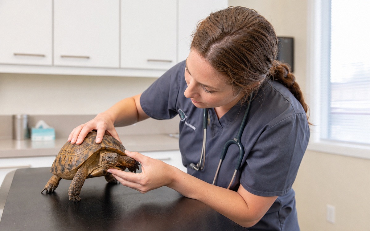 Photorealistic veterinary examination of a small tortoise on a clean exam table, exotic animal veter