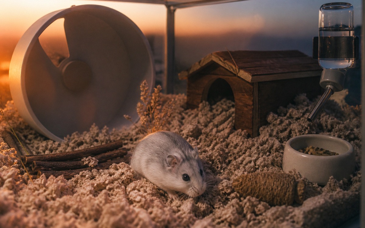 Photorealistic natural photography of an enriched hamster cage with deep paper bedding, safe large e