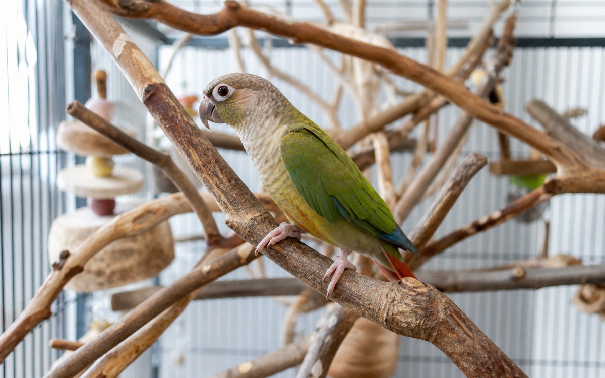 Photorealistic image of a small parrot climbing on varied natural wooden branches inside a clean spa