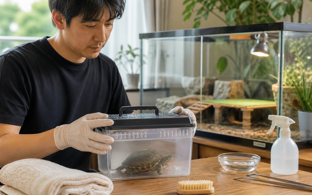 Careful owner using a small safe transport container and protective gloves near a turtle enclosure, 