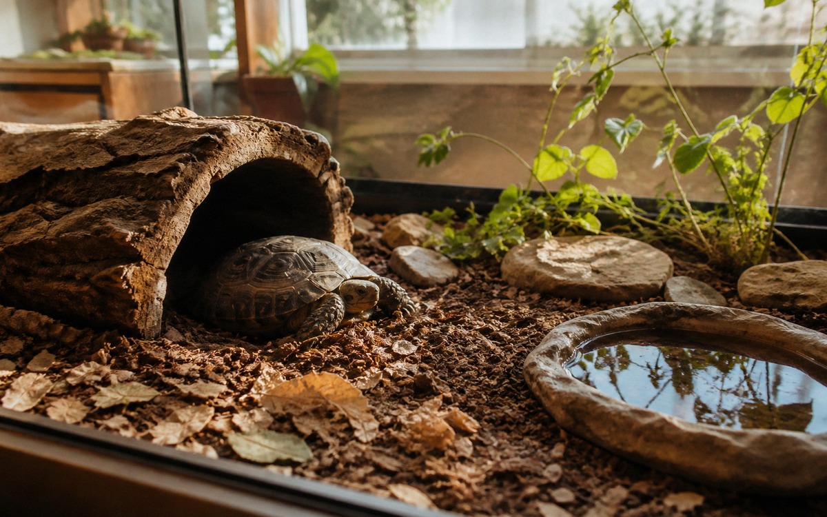 A spacious tortoise terrarium with a hiding shelter, water dish, warm basking area, natural substrat