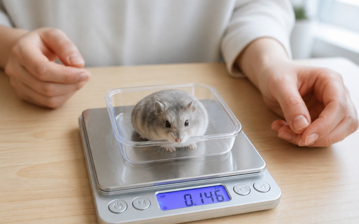 Photorealistic natural photography of a hamster being gently weighed in a small transparent containe