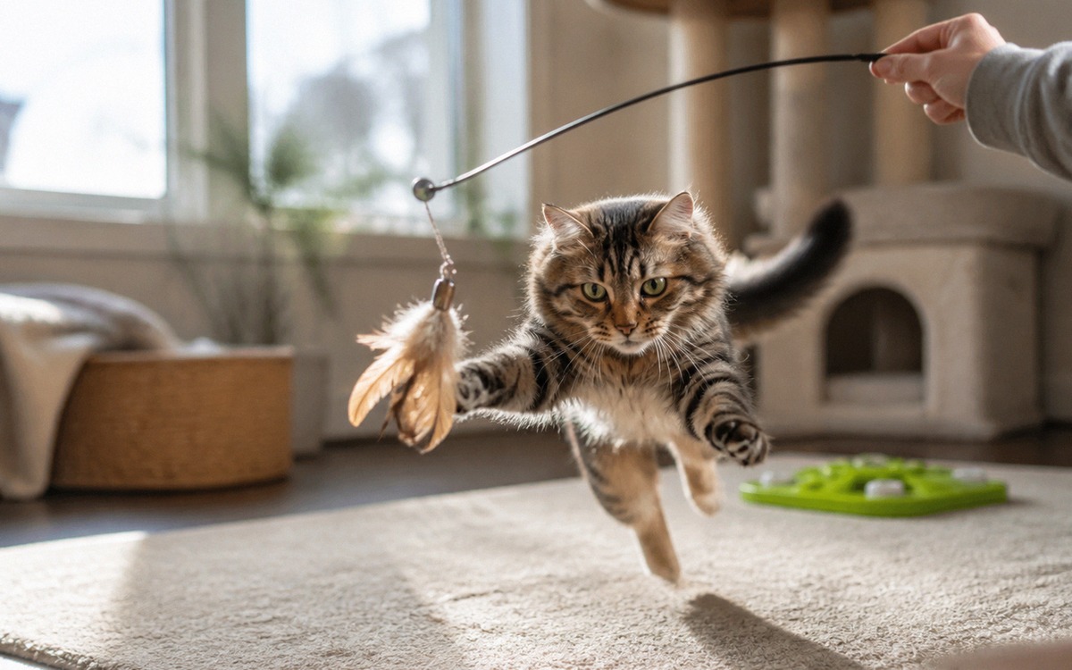 Healthy domestic cat playing with a feather wand toy after waking up, owner hand visible, cat tree a