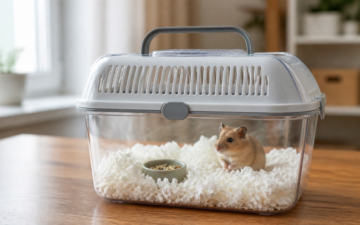 Natural photography of a small hamster travel carrier prepared for a veterinary visit, paper bedding