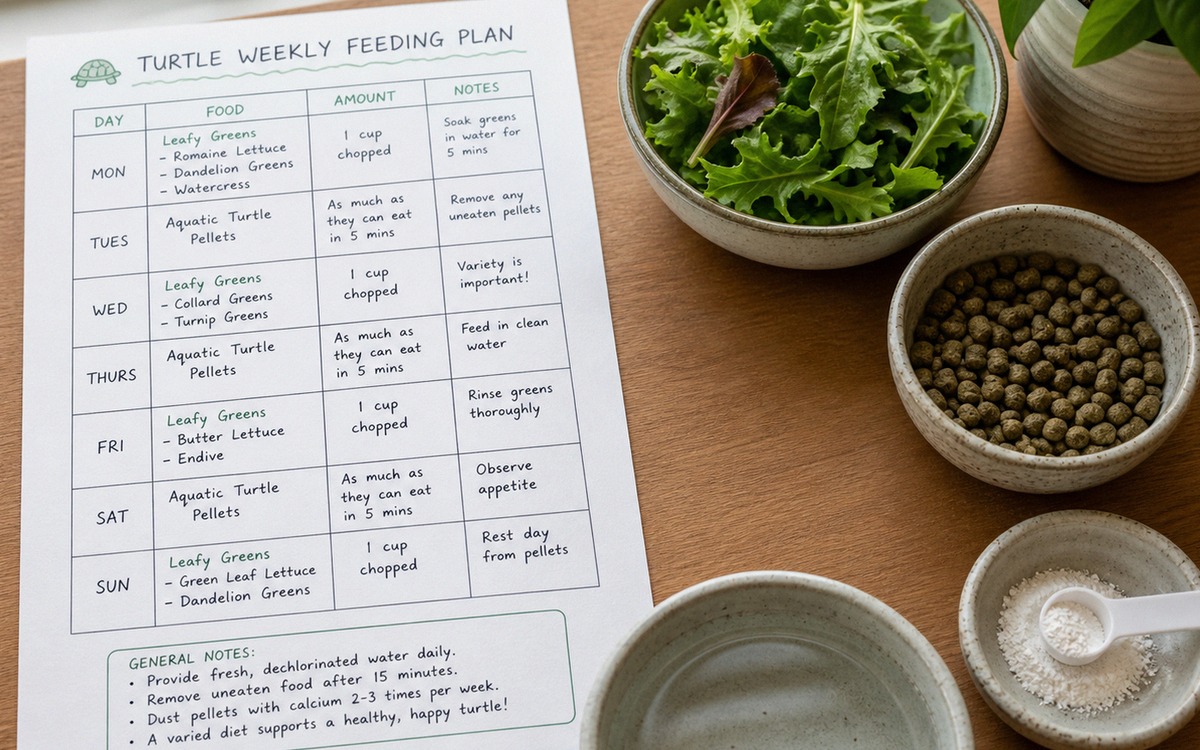 Photorealistic overhead shot of a weekly turtle feeding plan on paper next to small bowls with leafy