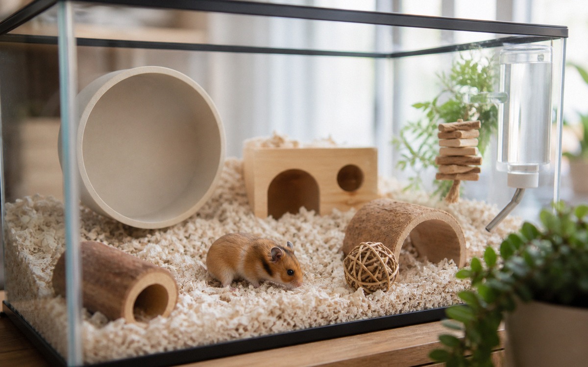 Photorealistic wide shot of a well arranged hamster enclosure with deep bedding, exercise wheel, woo