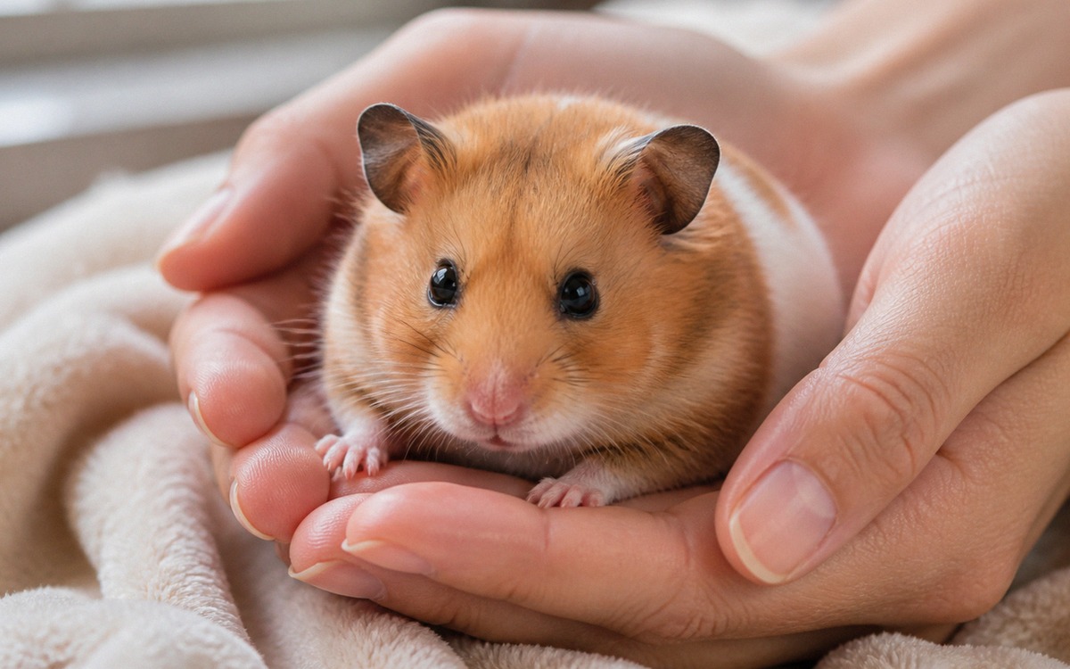 Close-up of two human hands gently cupping a calm Syrian hamster low over a soft blanket, safe handl