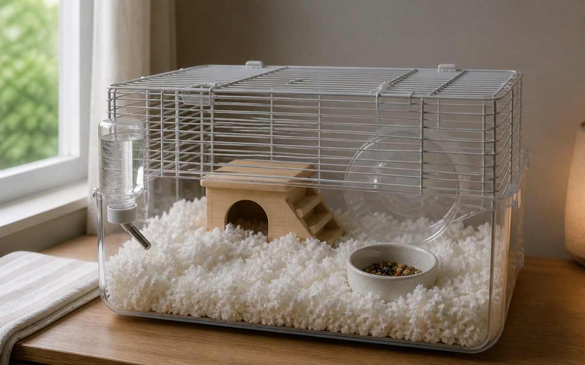 A quiet prepared hamster recovery area at home, clean cage with paper bedding, water bottle, simple 