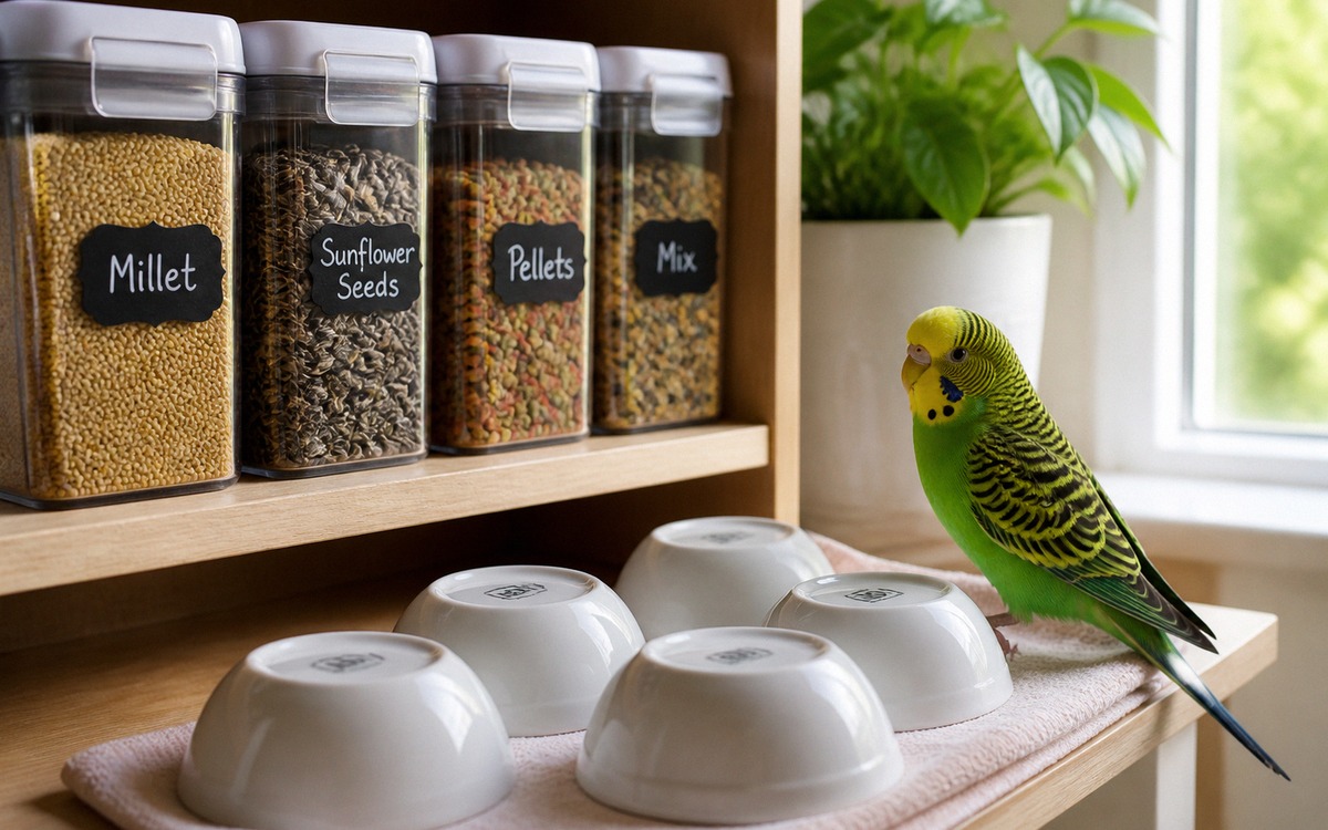 Clean bird food storage scene with sealed containers of seeds and pellets, freshly washed feeding bo