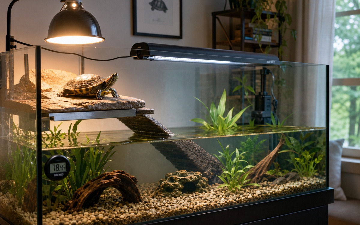 Photorealistic healthy turtle habitat at home: spacious aquarium with clear water, basking platform,
