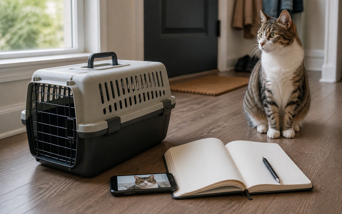 Photorealistic natural photography of a cat carrier, notebook, smartphone with a pet photo, and a ca