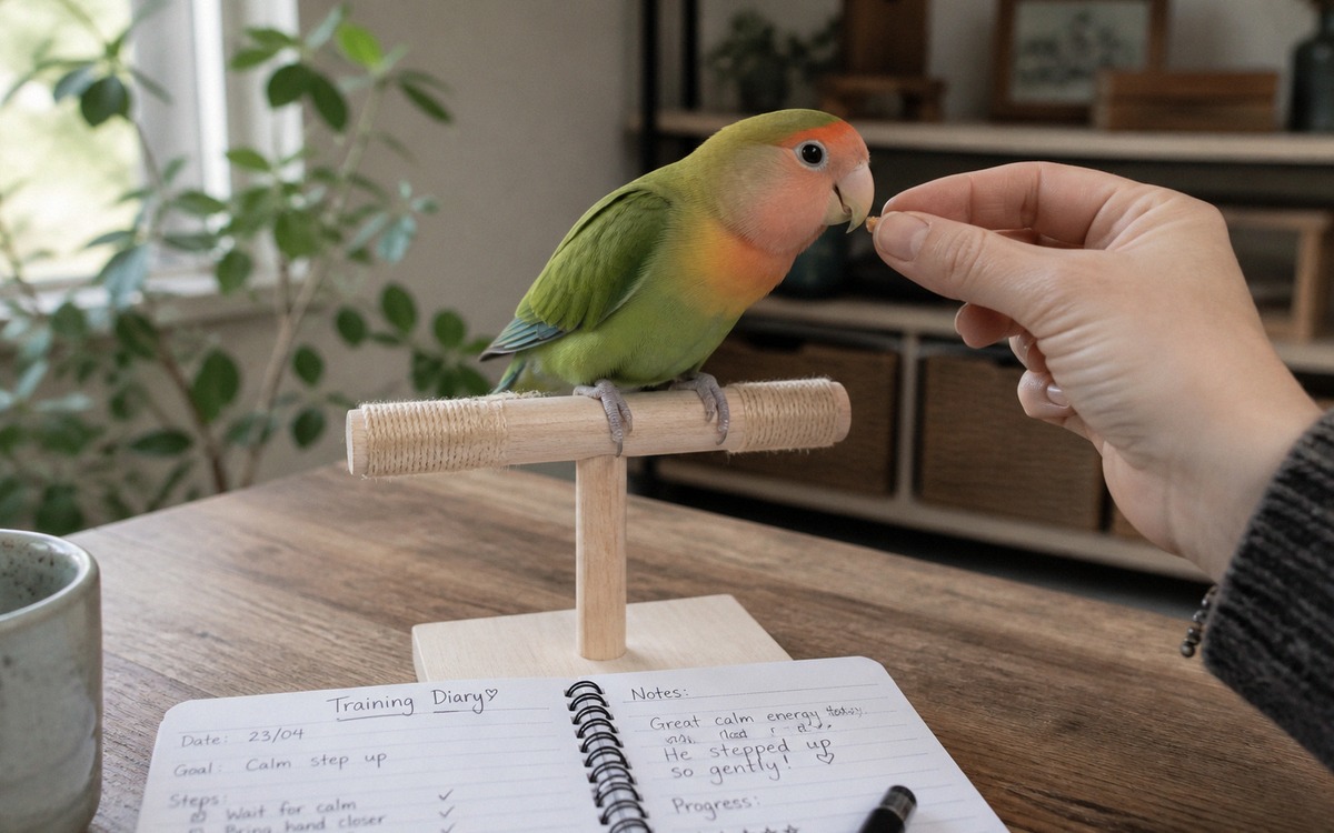 Photorealistic training diary scene with a pet lovebird on a tabletop stand, small notebook and pen 
