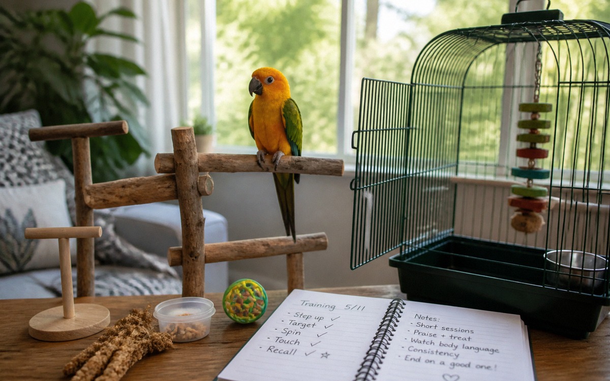 Photorealistic home training setup for a pet parrot, open cage beside a play stand, millet spray, sm