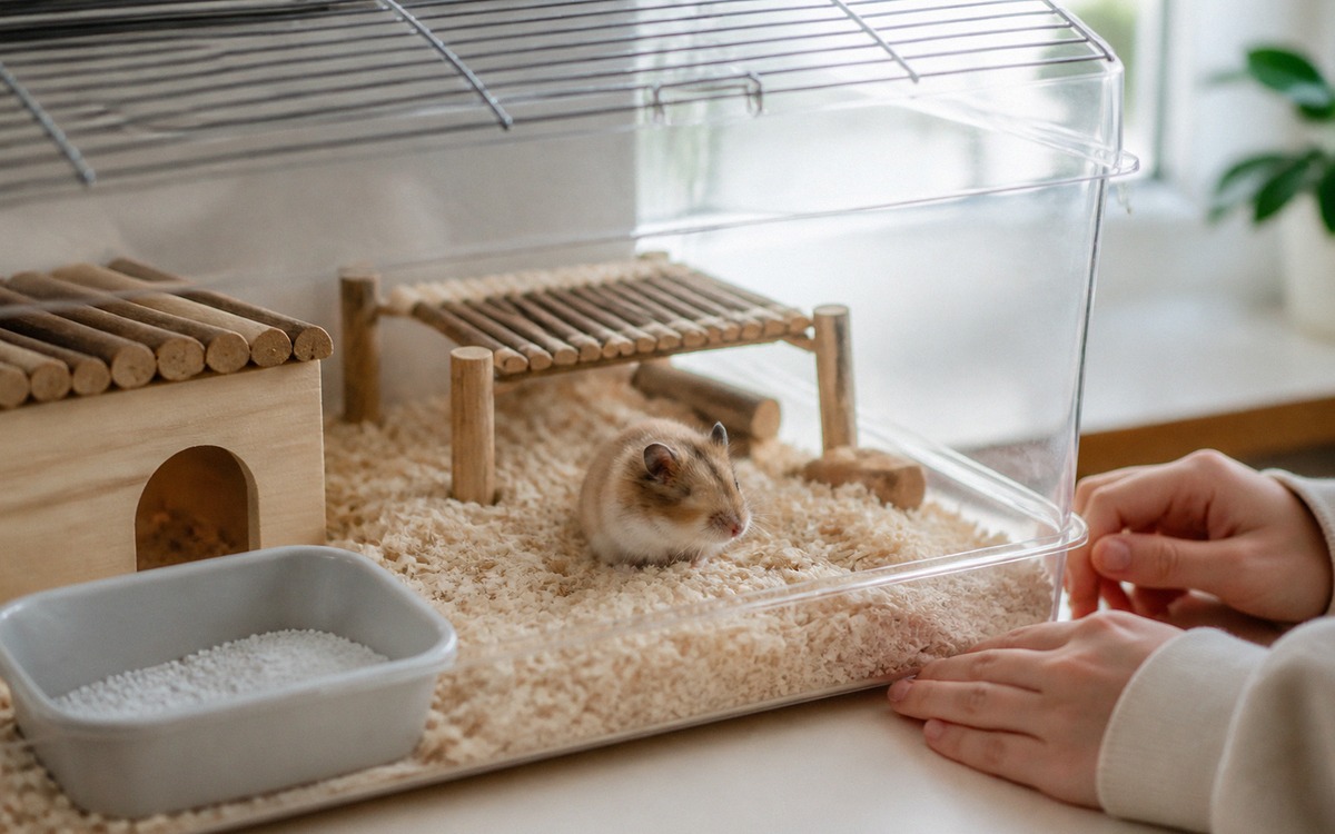 Photorealistic calm scene of a hamster being carefully observed in a clean cage, owner hands nearby