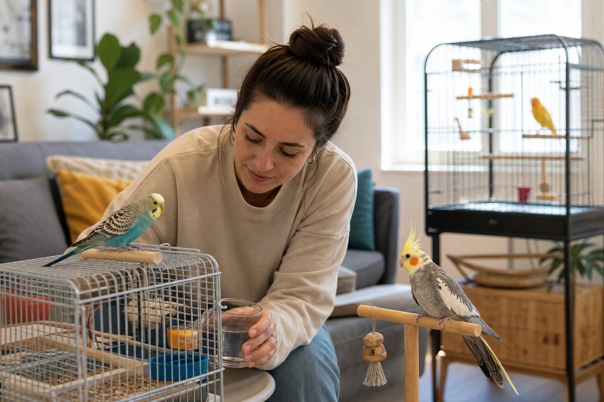 A cozy modern apartment living room with several common pet birds represented naturally: a budgeriga