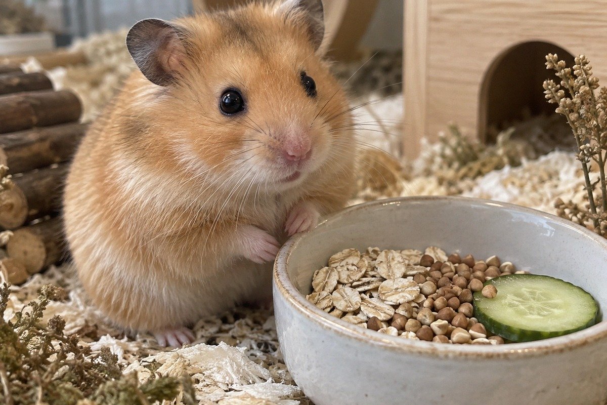 A realistic close-up scene of a golden Syrian hamster sitting beside a small ceramic food bowl with