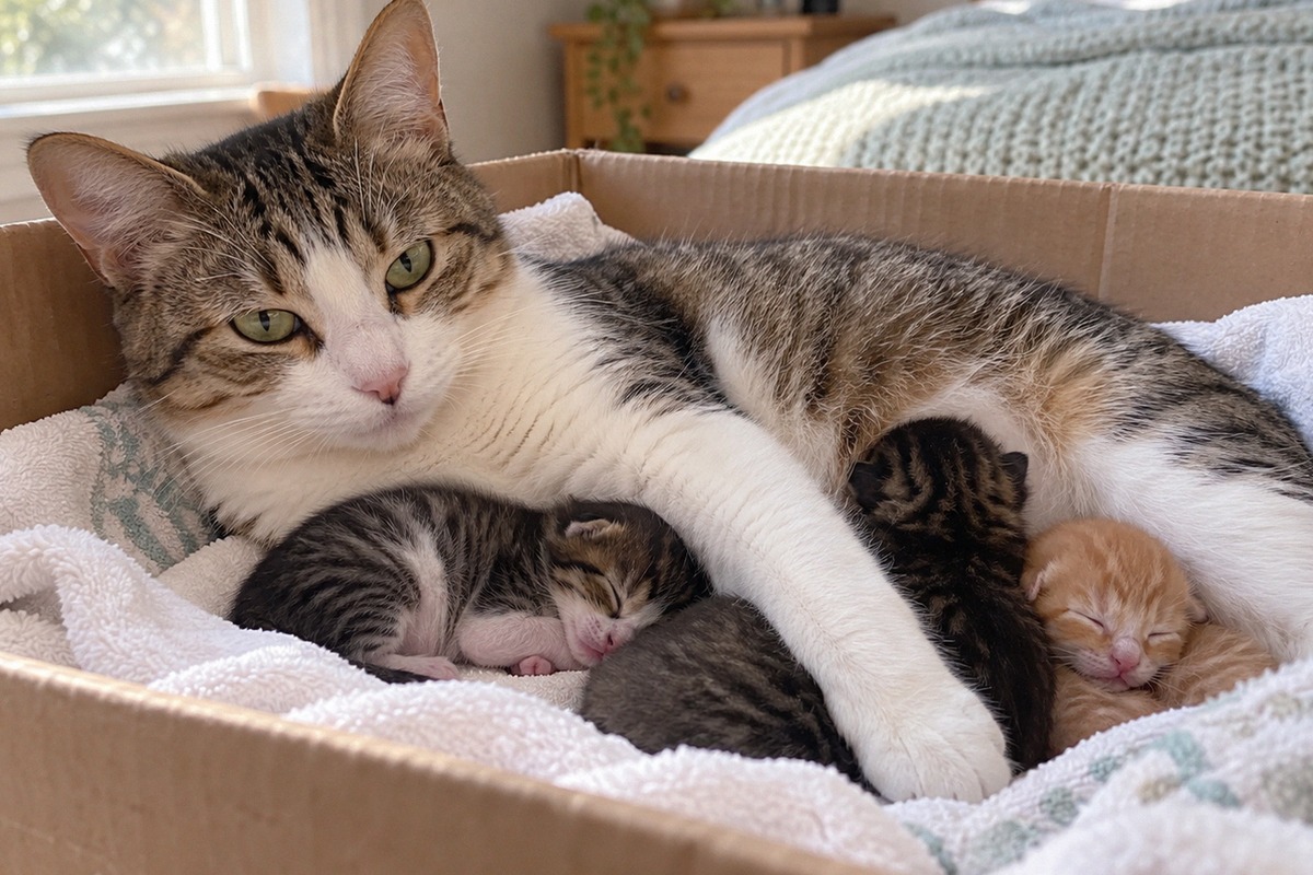 A calm adult domestic shorthaired mother cat resting protectively with her newborn kittens in a cozy