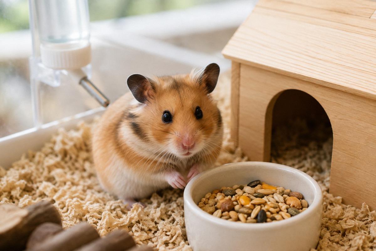 A healthy Syrian hamster sitting beside a small ceramic food bowl with mixed grains and seeds in a c