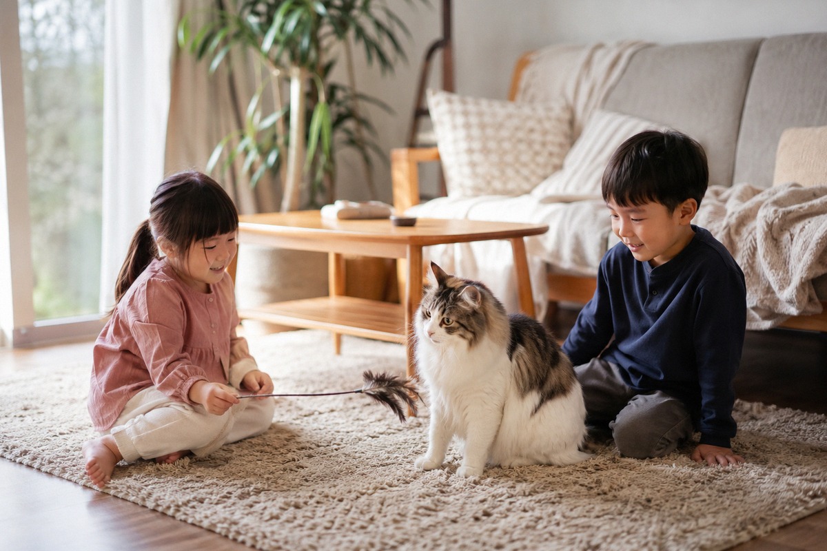 Photorealistic natural photography of a calm family living room with a gentle large cat sitting near