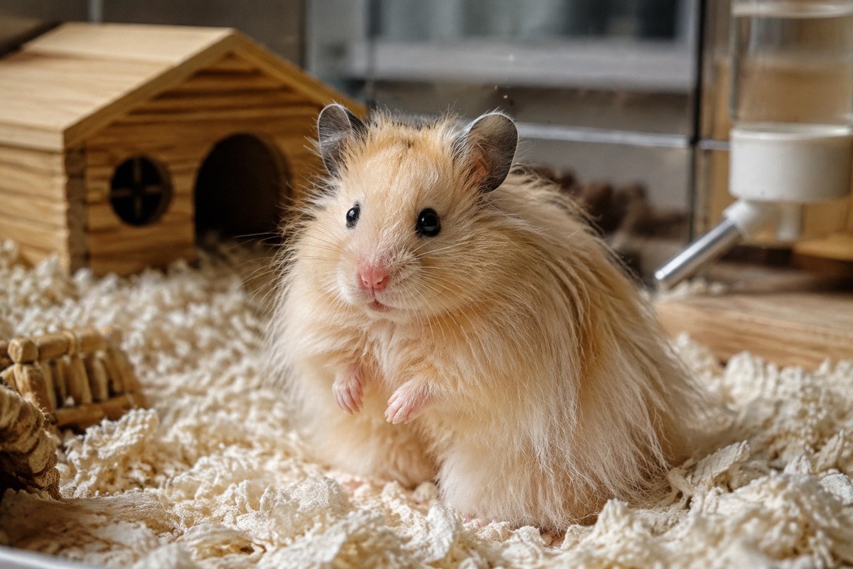 A calm long-haired Syrian hamster sitting on a clean natural paper bedding inside a spacious cage, h