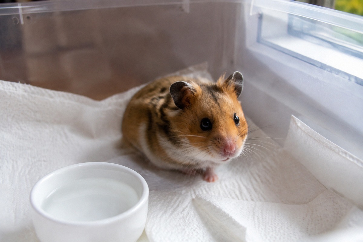 A small Syrian hamster sitting calmly in a clean temporary care box with white paper towels, a small