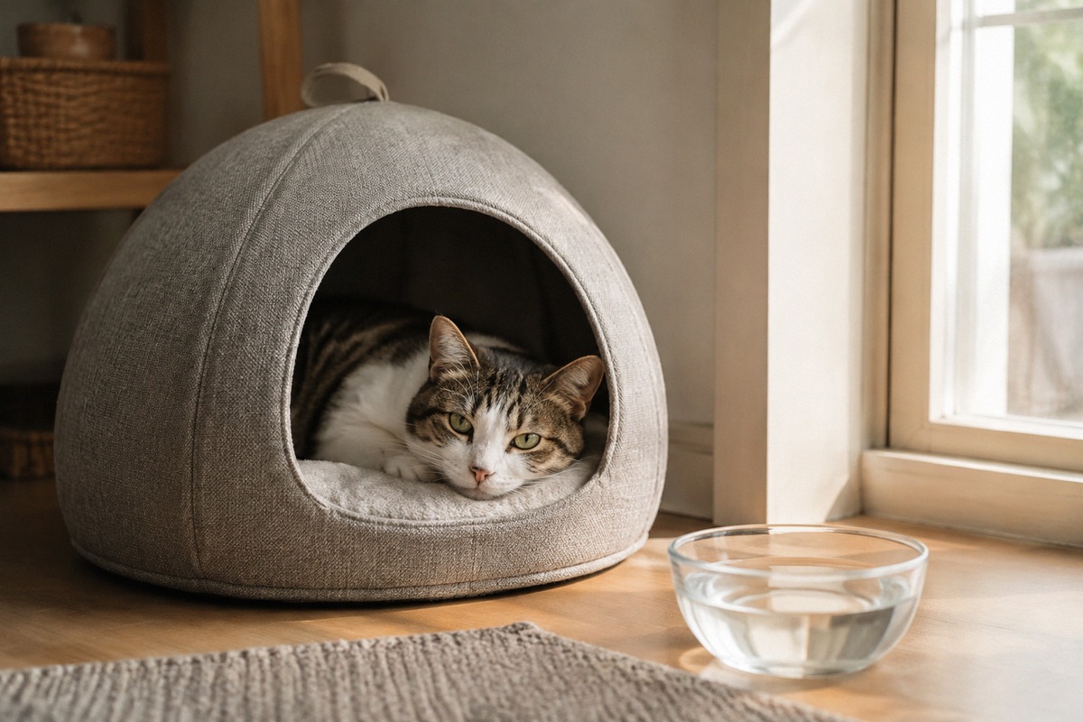 A calm domestic cat resting inside a cozy fabric cat cave in a quiet apartment corner, a bowl of wat