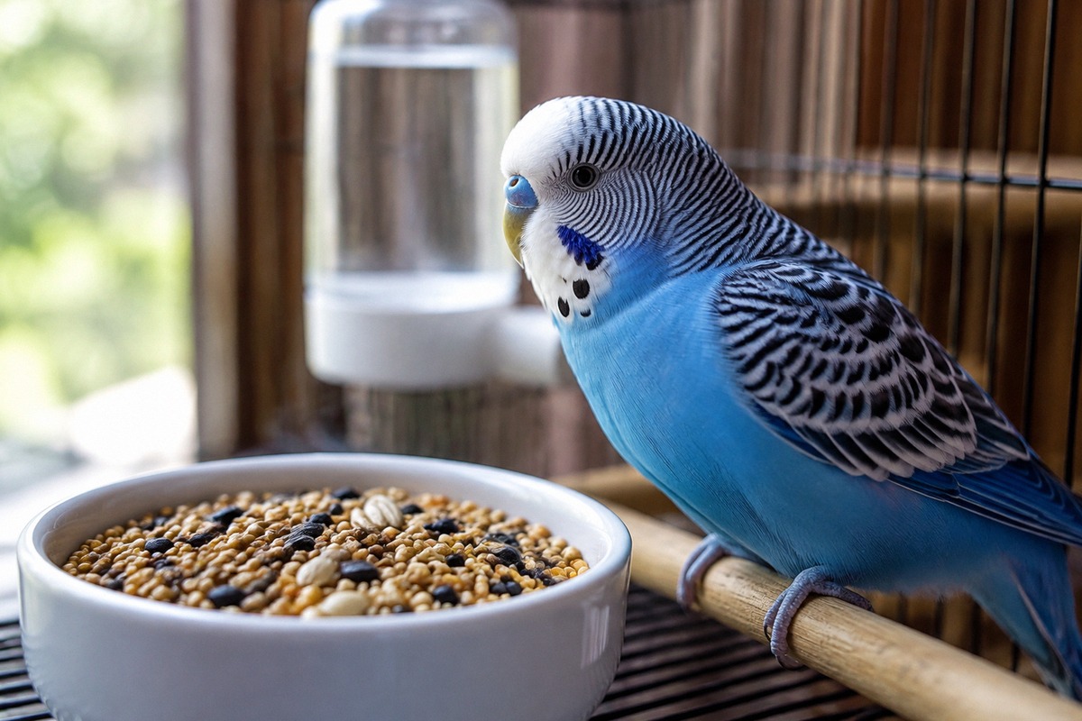 Photorealistic natural photography of a healthy blue and white budgerigar sitting near a clean food