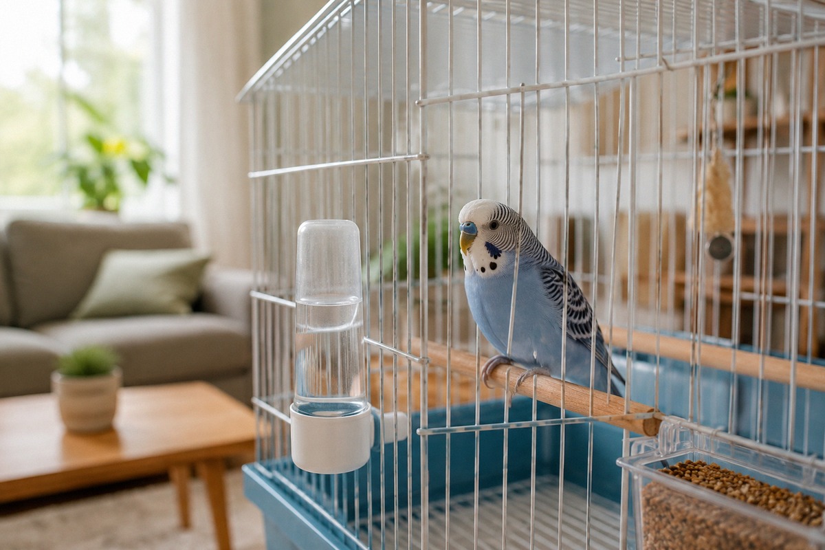 Photorealistic natural photography of a small blue and white budgerigar sitting calmly inside a clea
