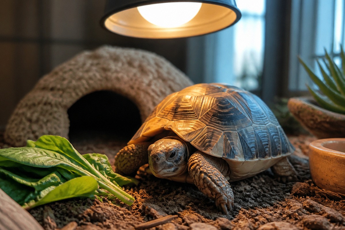 Photorealistic natural photography of a calm pet tortoise resting inside a well arranged indoor terr