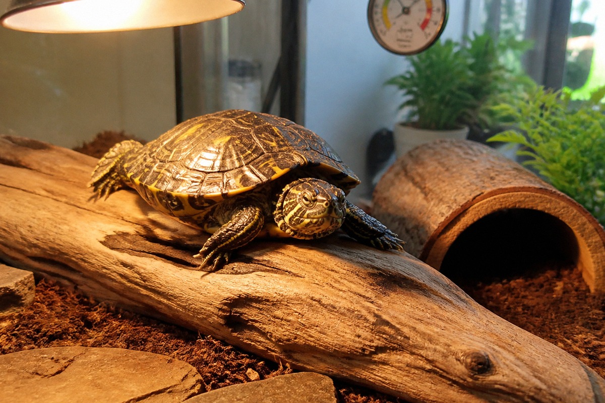 A pet turtle resting calmly in a well equipped indoor terrarium, visible basking lamp, clean substra