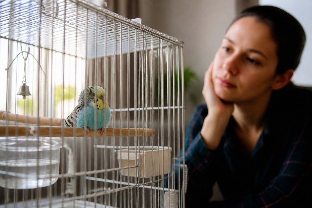 Photorealistic natural photography of a caring owner gently observing a sick budgerigar in a quiet w