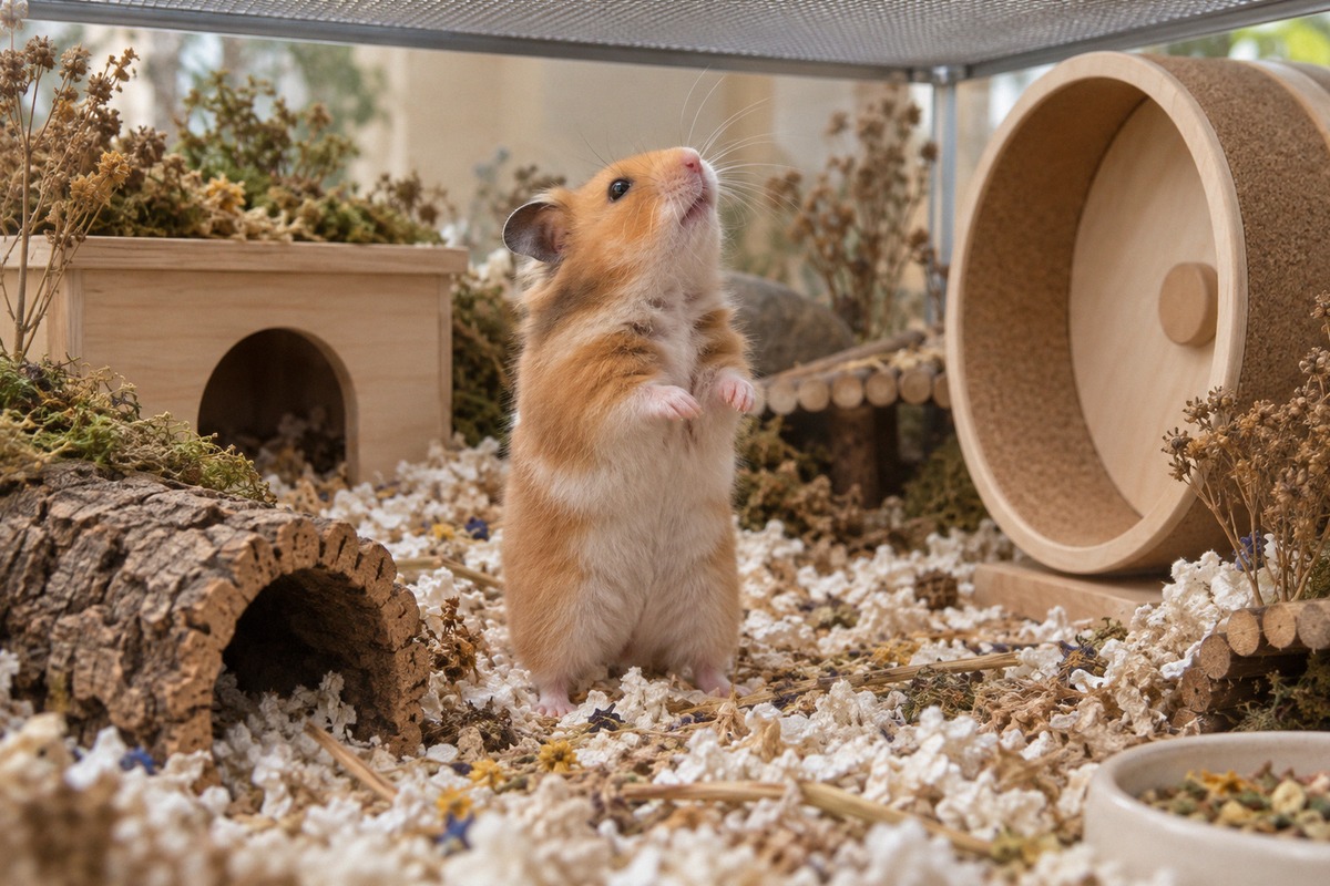 A curious golden Syrian hamster standing on its hind legs inside a spacious naturalistic hamster enc