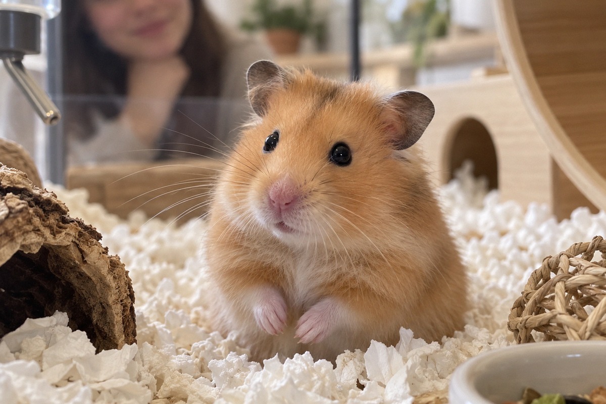 A close natural portrait of a healthy golden Syrian hamster sitting in soft paper bedding inside a c
