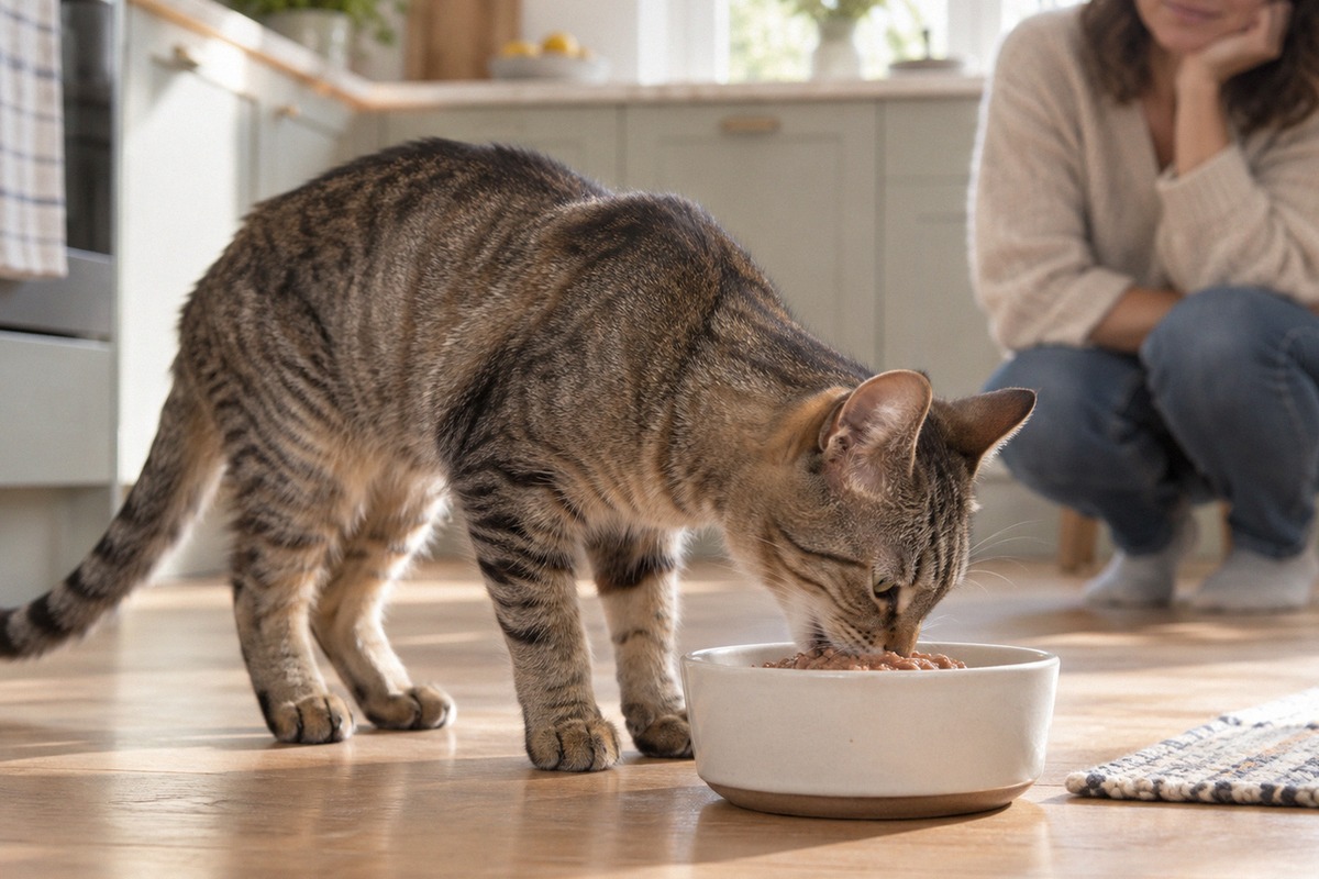 A healthy but slightly underweight domestic shorthaired tabby cat eating wet food from a clean ceram