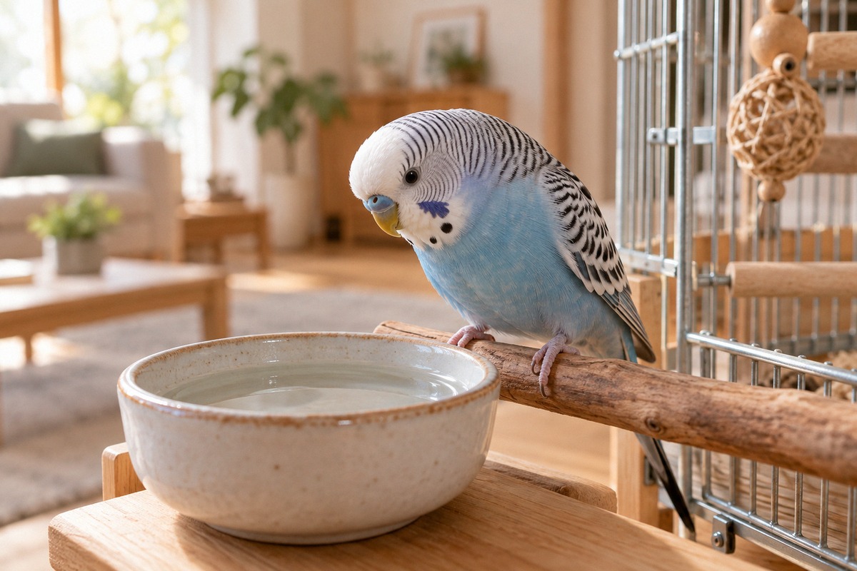 A cautious blue and white budgerigar standing beside a shallow ceramic water dish on a wooden perch